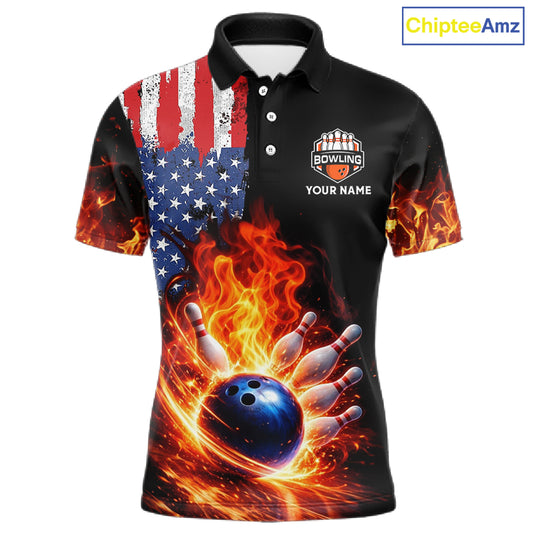 American Flag Flame bowling polo, quarter zip shirts for Men Custom patriotic team bowling jerseys NQS11432