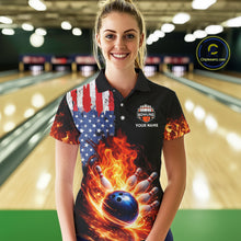 Load image into Gallery viewer, American Flag Flame bowling polo, quarter zip shirts for Women Custom patriotic team bowling jerseys NQS11432