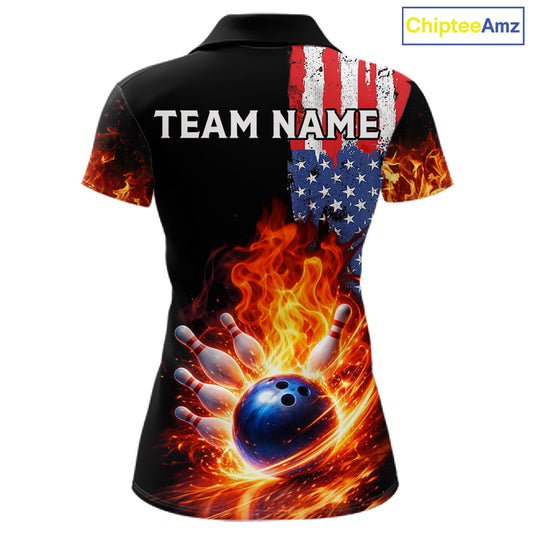 American Flag Flame bowling polo, quarter zip shirts for Women Custom patriotic team bowling jerseys NQS11432