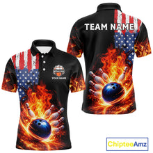 Load image into Gallery viewer, American Flag Flame bowling polo, quarter zip shirts for Men Custom patriotic team bowling jerseys NQS11432