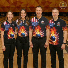 Load image into Gallery viewer, American Flag Flame bowling polo, quarter zip shirts for Men Custom patriotic team bowling jerseys NQS11432