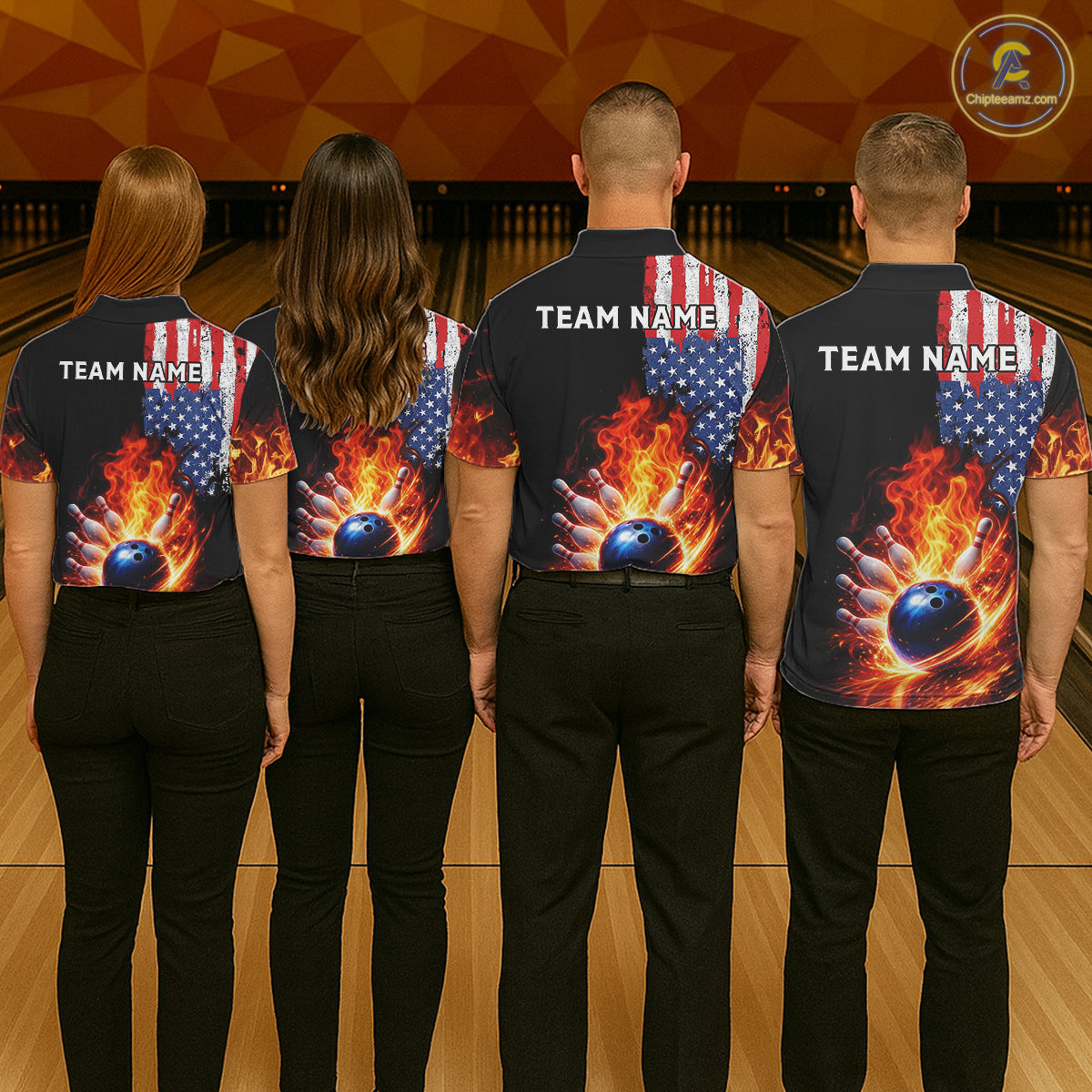 American Flag Flame bowling polo, quarter zip shirts for Men Custom patriotic team bowling jerseys NQS11432