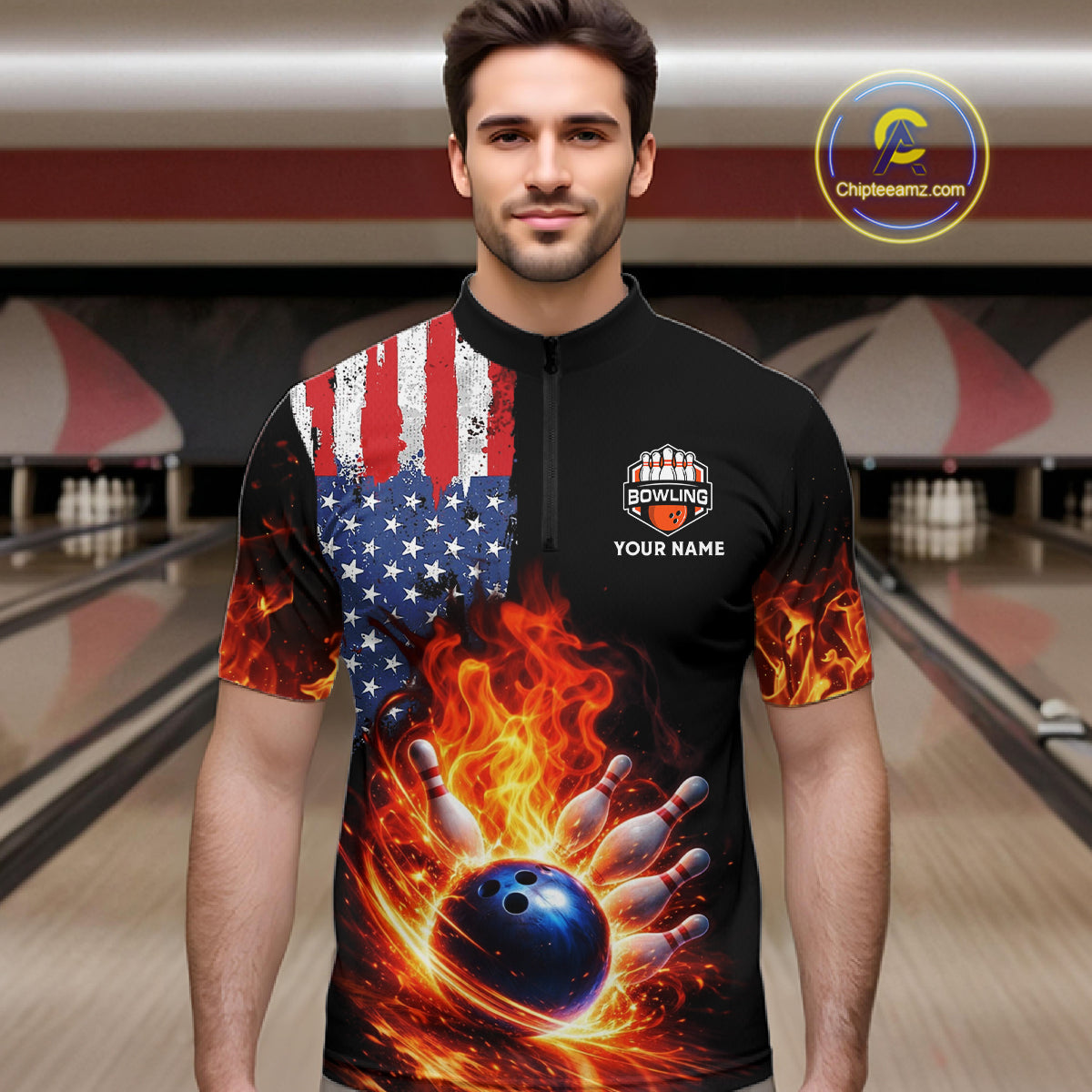 American Flag Flame bowling polo, quarter zip shirts for Men Custom patriotic team bowling jerseys NQS11432