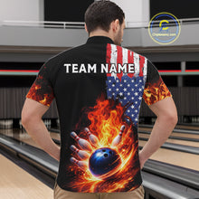 Load image into Gallery viewer, American Flag Flame bowling polo, quarter zip shirts for Men Custom patriotic team bowling jerseys NQS11432