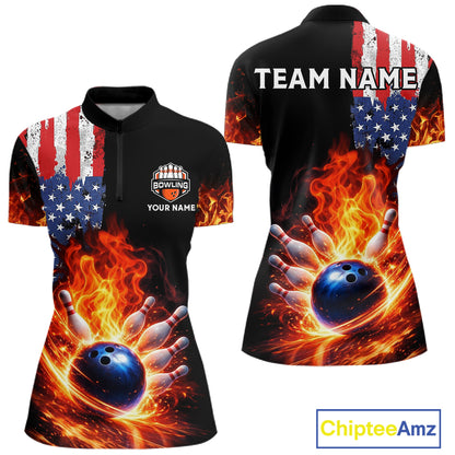 American Flag Flame bowling polo, quarter zip shirts for Women Custom patriotic team bowling jerseys NQS11432
