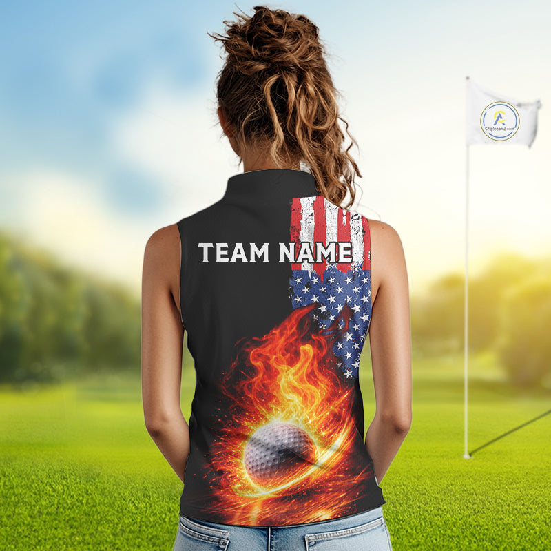 American Flag Flame Ladies sleeveless golf tops Custom patriotic team Golf jersey, ladies golf outfit NQS11433