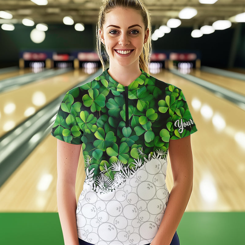 Women Bowling Shirts custom Green clover white bowling camo St Patrick Day Bowling attire for ladies NQS9501