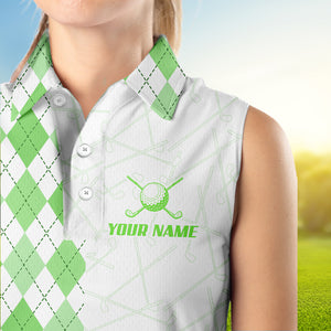 Green argyle pattern Women Sleeveless polo shirt custom peace love golf jersey, ladies golf attire NQS9505