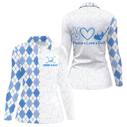 Blue argyle pattern Women Golf Polo Shirt custom peace love golf team jerseys, golf attire for women NQS9506