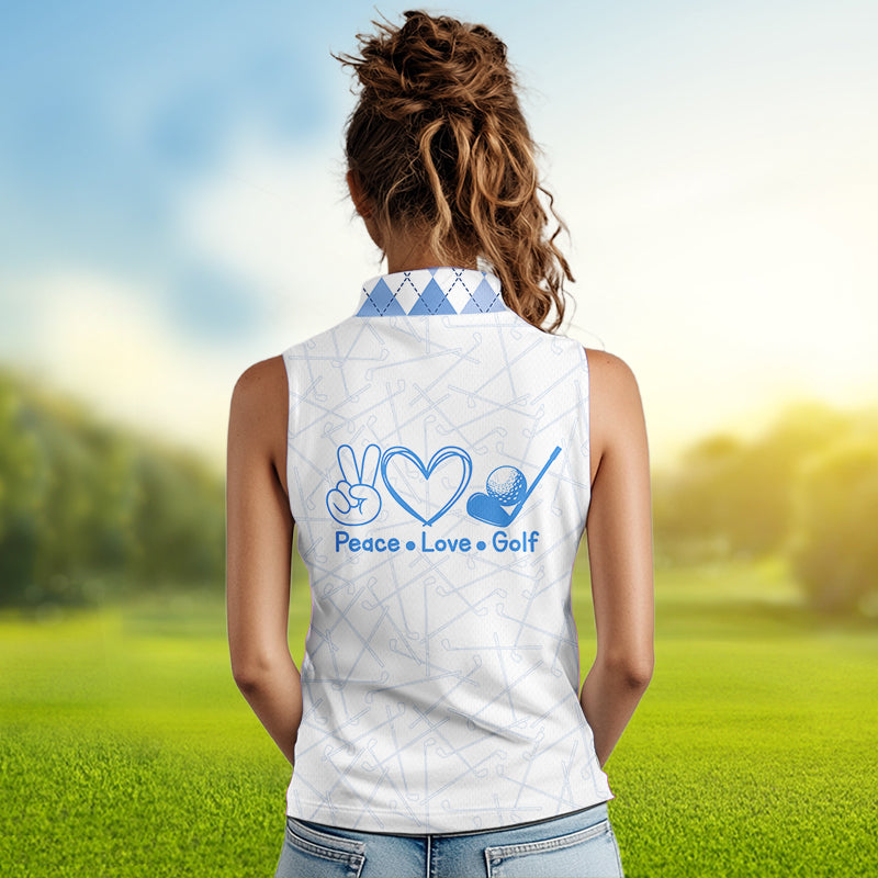 Blue argyle pattern Women Sleeveless polo shirt custom peace love golf jersey, ladies golf attire NQS9506