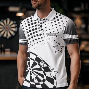 Personalized Black and White Stars Darts Polo, Quarter Zip Shirt For Men Custom Dart Team Jerseys NQS9511