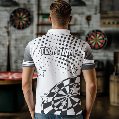 Personalized Black and White Stars Darts Polo, Quarter Zip Shirt For Men Custom Dart Team Jerseys NQS9511