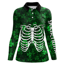 Load image into Gallery viewer, Green shamrock pattern Skeleton Women golf polo shirt custom St Patrick Day golf attire for ladies NQS9513