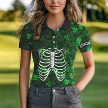 Load image into Gallery viewer, Green shamrock pattern Skeleton Women golf polo shirt custom St Patrick Day golf attire for ladies NQS9513