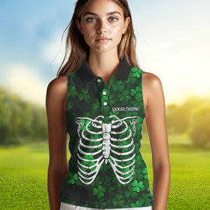 Green shamrock pattern Skeleton Women Sleeveless polo shirt custom St Patrick Day women golf attire NQS9513