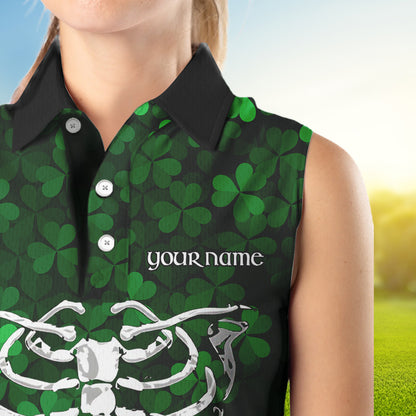 Green shamrock pattern Skeleton Women Sleeveless polo shirt custom St Patrick Day women golf attire NQS9513