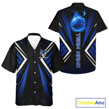 Black and Blue Flame Button-up bowling shirts, Team Bowling Jersey Custom bowling attire NQS11634