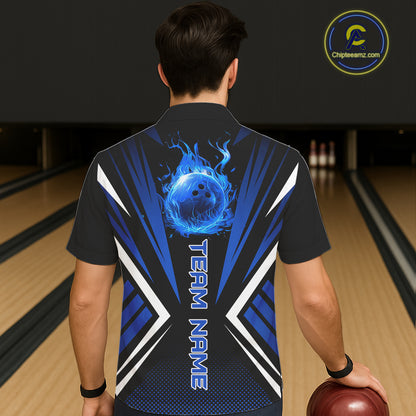 Black and Blue Flame Button-up bowling shirts, Team Bowling Jersey Custom bowling attire NQS11634