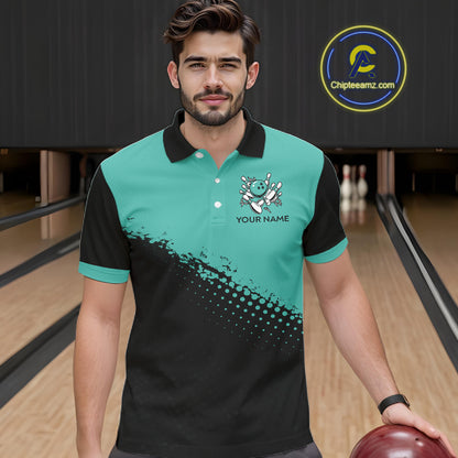 Black and Turquoise Retro Bowling Shirts For Men, Vintage Team Bowling Shirts Custom NQS11635