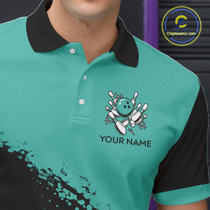 Black and Turquoise Retro Bowling Shirts For Men, Vintage Team Bowling Shirts Custom NQS11635