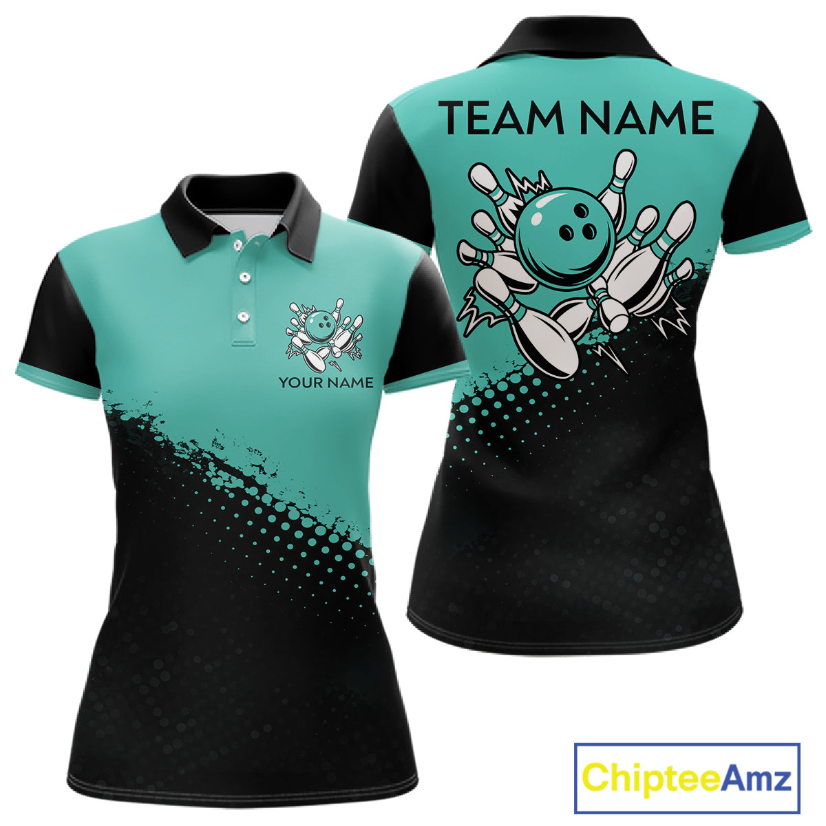 Black and Turquoise Retro Bowling Shirts For Women, Vintage Team Bowling Shirts Custom NQS11635