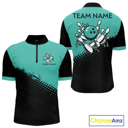 Black and Turquoise Retro Bowling Shirts For Men, Vintage Team Bowling Shirts Custom NQS11635