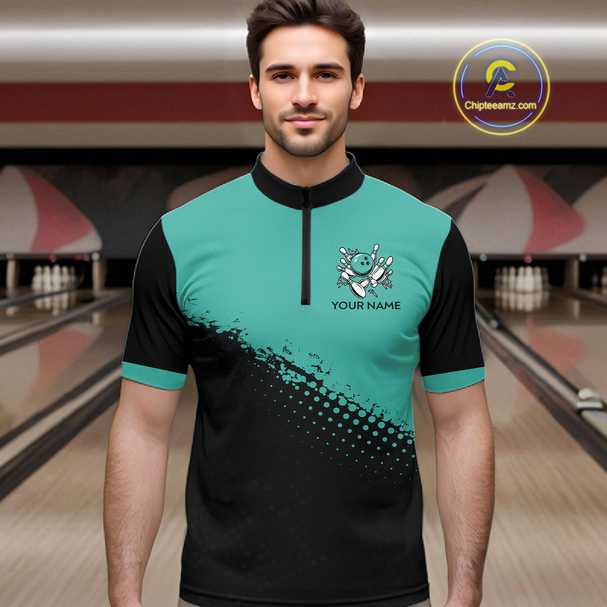 Black and Turquoise Retro Bowling Shirts For Men, Vintage Team Bowling Shirts Custom NQS11635