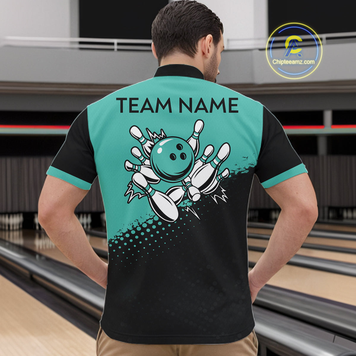 Black and Turquoise Retro Bowling Shirts For Men, Vintage Team Bowling Shirts Custom NQS11635