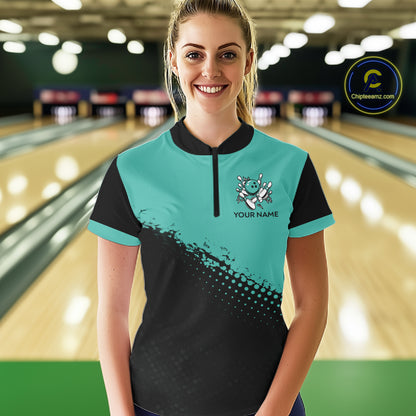Black and Turquoise Retro Bowling Shirts For Women, Vintage Team Bowling Shirts Custom NQS11635