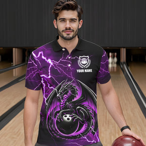 Personalized Black And Purple Thunder Lightning Dragon Bowling Shirts For Men, Bowling Team Uniform NQS9666