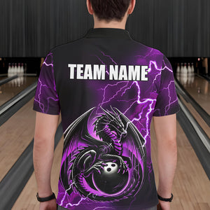 Personalized Black And Purple Thunder Lightning Dragon Bowling Shirts For Men, Bowling Team Uniform NQS9666