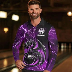 Personalized Black And Purple Thunder Lightning Dragon Bowling Shirts For Men, Bowling Team Uniform NQS9666