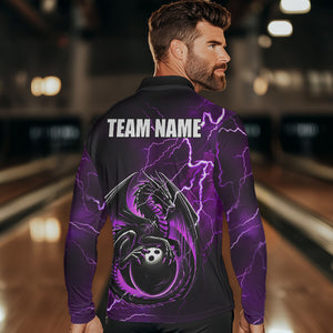 Personalized Black And Purple Thunder Lightning Dragon Bowling Shirts For Men, Bowling Team Uniform NQS9666