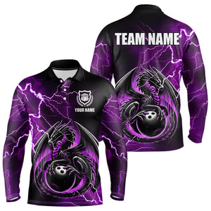 Personalized Black And Purple Thunder Lightning Dragon Bowling Shirts For Men, Bowling Team Uniform NQS9666