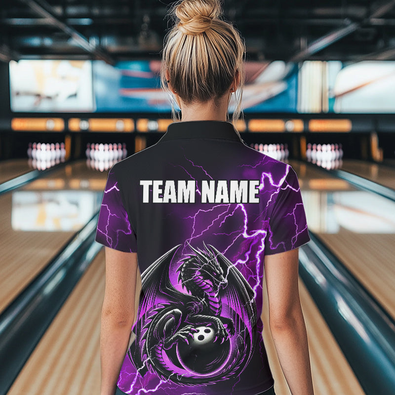 Personalized Black And Purple Thunder Lightning Dragon Bowling Shirts For Women, Bowling Team Uniform NQS9666