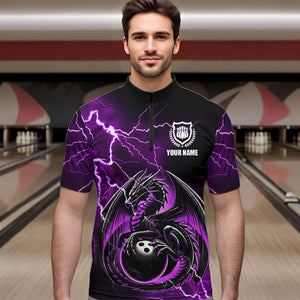 Personalized Black And Purple Thunder Lightning Dragon Bowling Shirts For Men, Bowling Team Uniform NQS9666