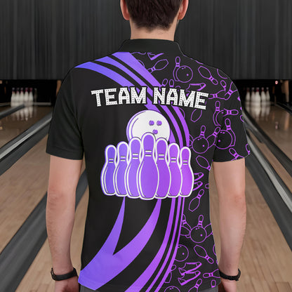Black Mens bowling shirts Custom Purple neon team league bowling jerseys, gifts for bowlers NQS9667