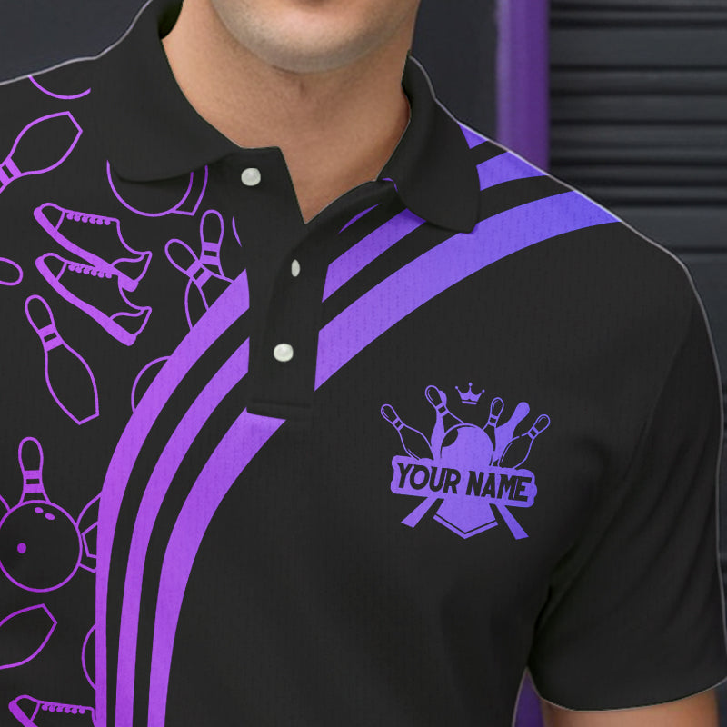 Black Mens bowling shirts Custom Purple neon team league bowling jerseys, gifts for bowlers NQS9667