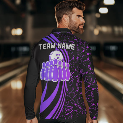Black Mens bowling shirts Custom Purple neon team league bowling jerseys, gifts for bowlers NQS9667