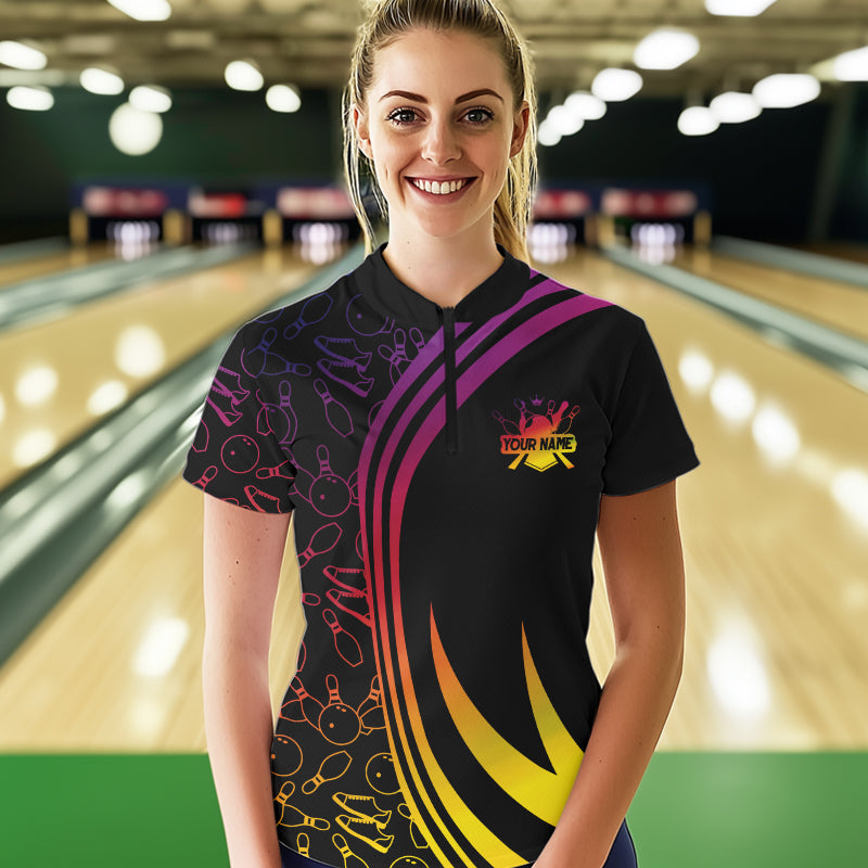 Black Women bowling shirts Custom Colorful neon team league bowling jerseys, gifts for bowlers NQS9669