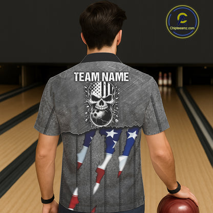American Flag metal pattern Skull Bowling Button-up Shirts Custom patriotic Bowling Team Jerseys NQS11734