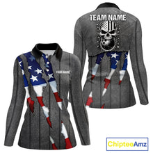 Load image into Gallery viewer, American Flag metal pattern Skull Bowling Shirts For Women Custom patriotic Bowling Team Jerseys NQS11734