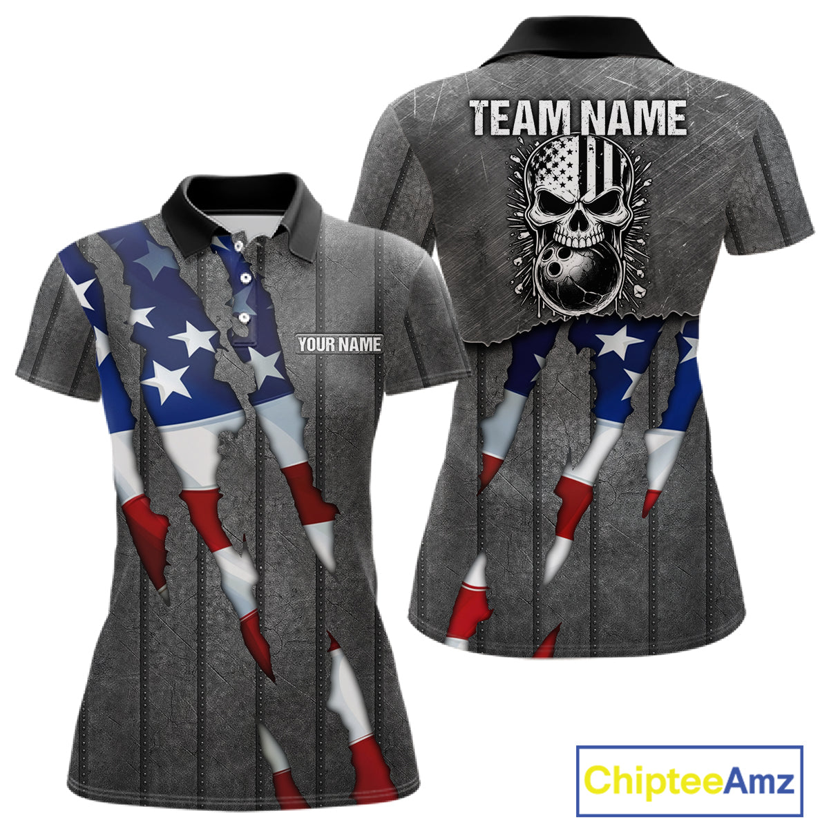 American Flag metal pattern Skull Bowling Shirts For Women Custom patriotic Bowling Team Jerseys NQS11734