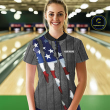 Load image into Gallery viewer, American Flag metal pattern Skull Bowling Shirts For Women Custom patriotic Bowling Team Jerseys NQS11734