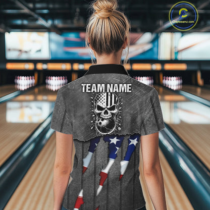 American Flag metal pattern Skull Bowling Shirts For Women Custom patriotic Bowling Team Jerseys NQS11734