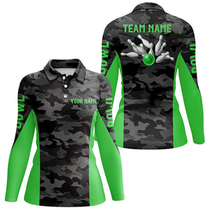 Women bowling Polo, Quarter Zip shirts Custom gray camo Bowling Team League Jerseys | Green NQS7605