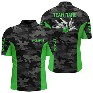 Men bowling Polo, Quarter Zip shirts Custom gray camo Bowling Team League Jerseys | Green NQS7605