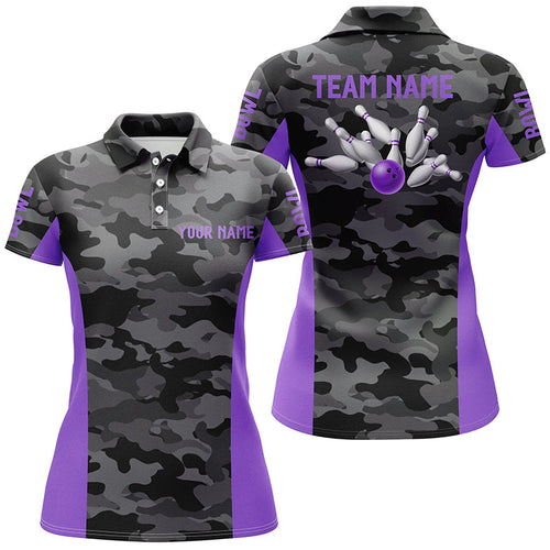 Women bowling Polo, Quarter Zip shirts Custom gray camo Bowling Team League Jerseys | Purple NQS7606