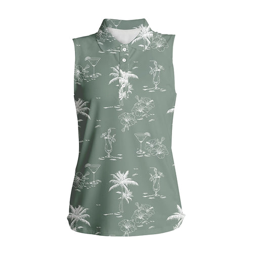 Green tropical summer pattern Women sleeveless polo shirt, women's golf tanks gifts for golf lovers NQS5711