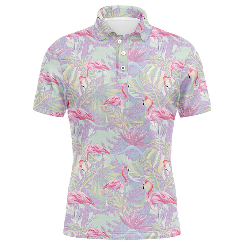 Pink flamingo tropical floral pattern Mens golf polo shirts, floral golf clothing for mens NQS5712